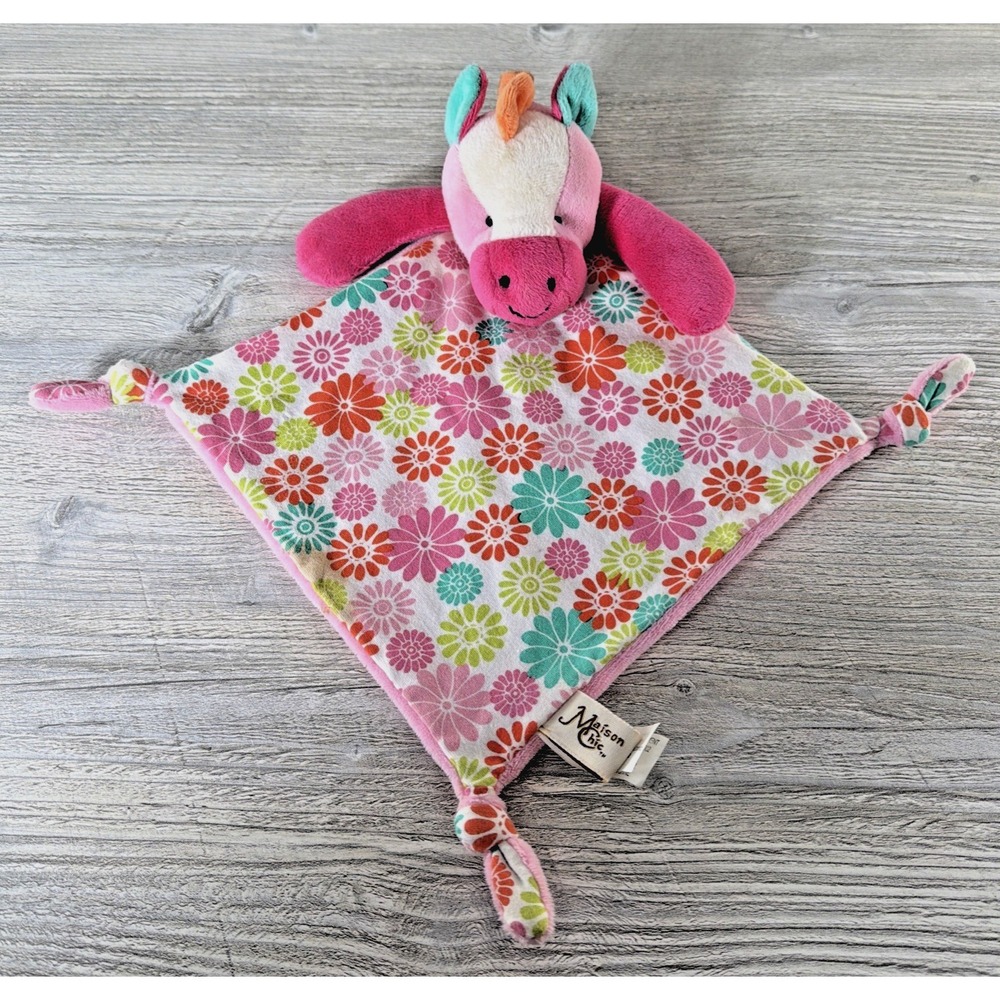 Maison Chic Baby Toy Plush Lovey Horse Pink Floral Flowers Security Blanket 8"